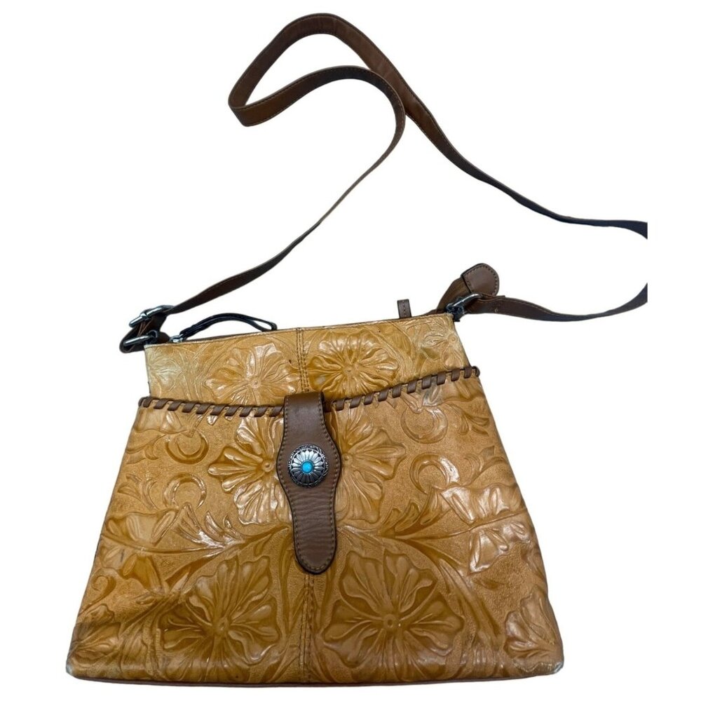 m.c. leather handbag brown leather floral zip snaps adjustable strap 12x9" READ